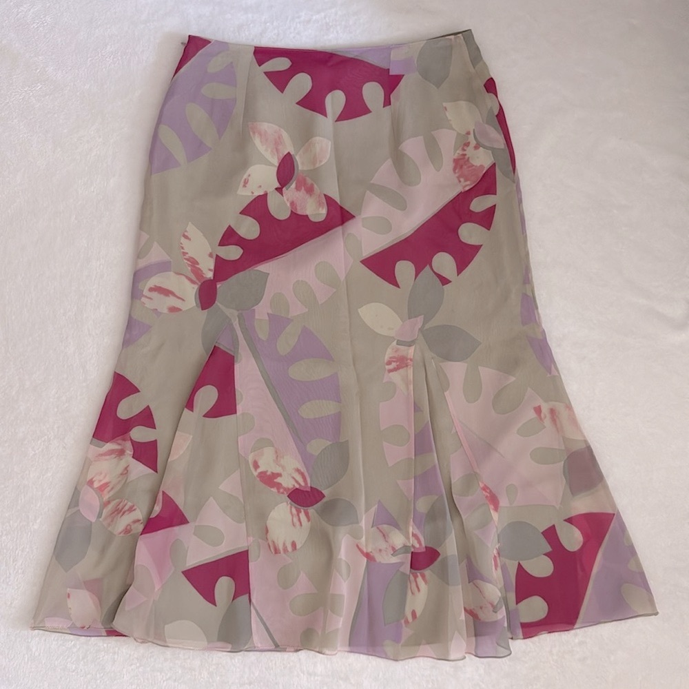 {VTG} Marella by MaxMara | 90s Silk Multicolor Abstract Floral Print Midi Skirt - Picture 11 of 15